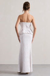 White Lace Strapless Ruffled Split Maxi Dress